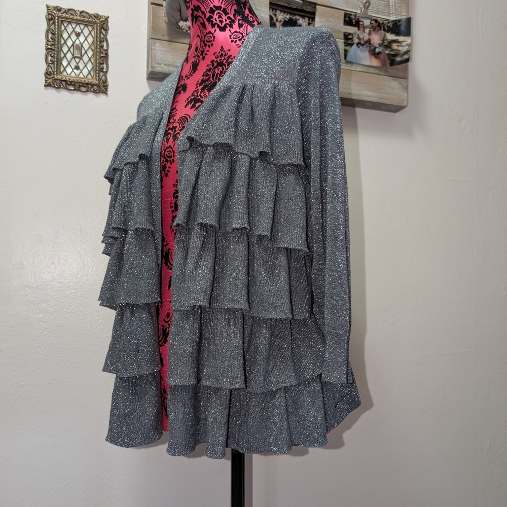 Grey Ruffle Open Front Cardigan with Silver Shimmer